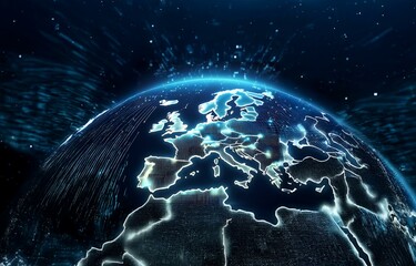 A glowing blue digital globe with a detailed map of Europe outlined.