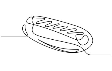 One line continuous hot dog fast food symbol concept. Silhouette of buns with sausage and mustard unhealthy snack. Digital white single line sketch drawing vector illustration