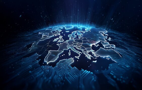 A glowing blue and white digital map of Europe, illuminated by a bright light emanating from the center of the continent. - Powered by Adobe