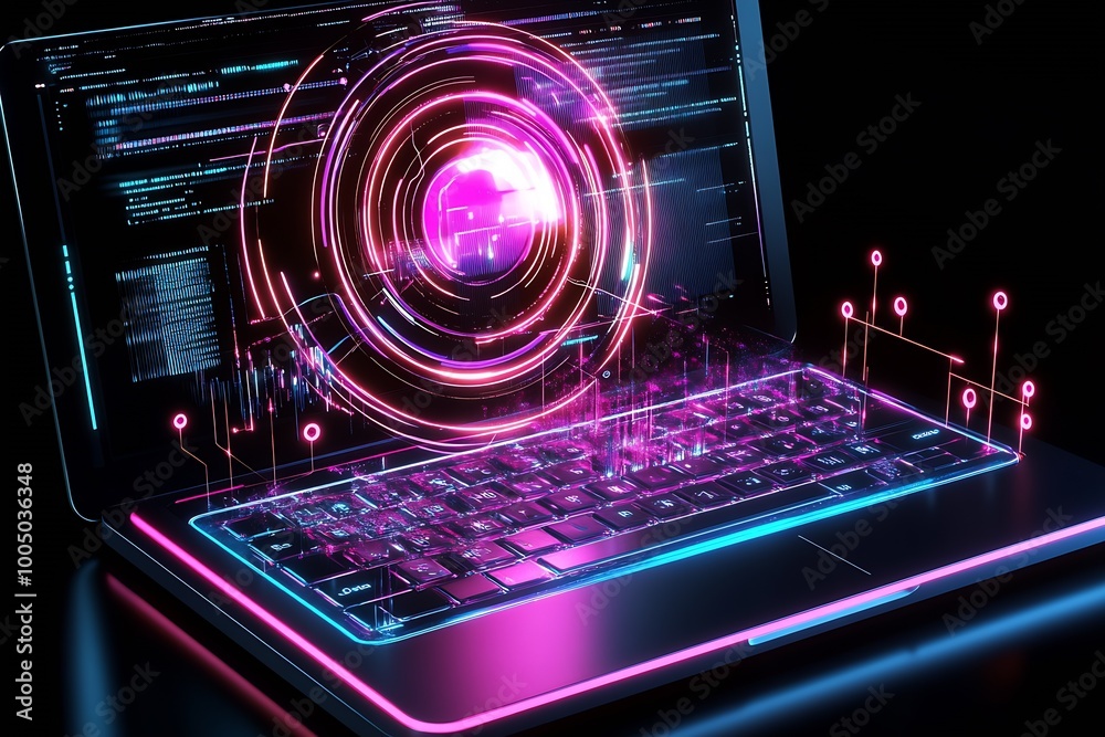 Fototapete macbook with a circular vision of ai nodes rising from the keyboard area : generative ai