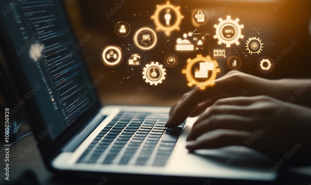 Aufkleber a business professional using a laptop with digital icons : generative ai