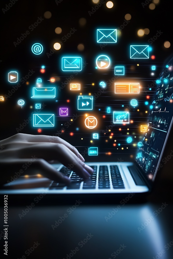 Poster person using a laptop with floating digital icons : Generative AI