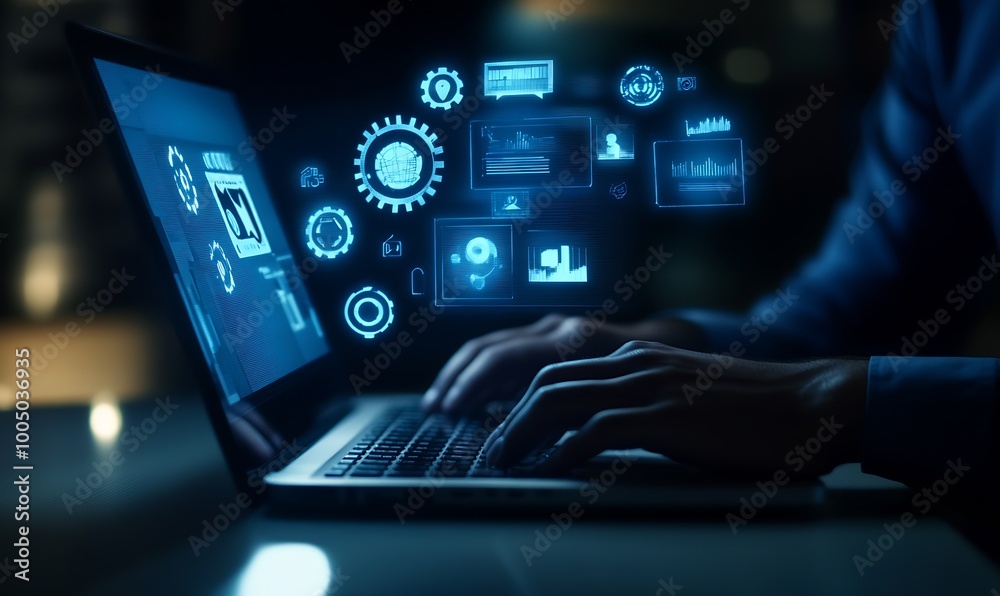 Poster a business professional using a laptop with digital icons : generative ai