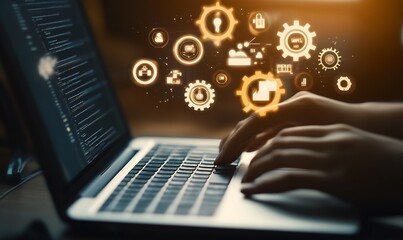 A business professional using a laptop with digital icons : Generative AI