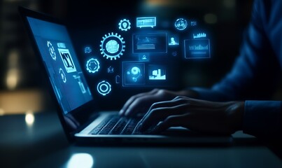 A business professional using a laptop with digital icons : Generative AI