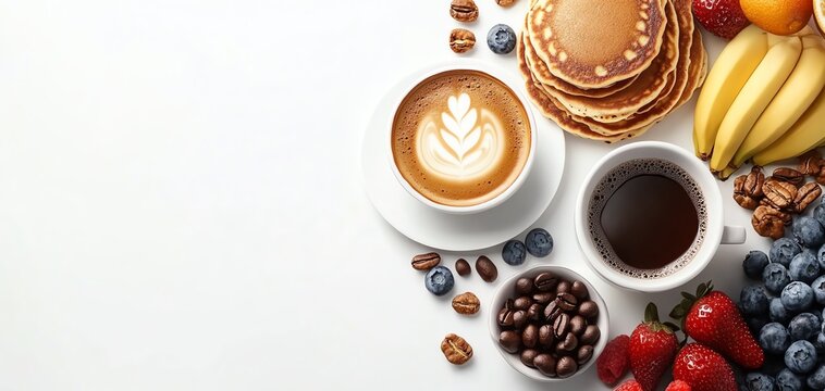 Delicious breakfast spread with coffee, pancakes, fruit, and nuts on a white background.