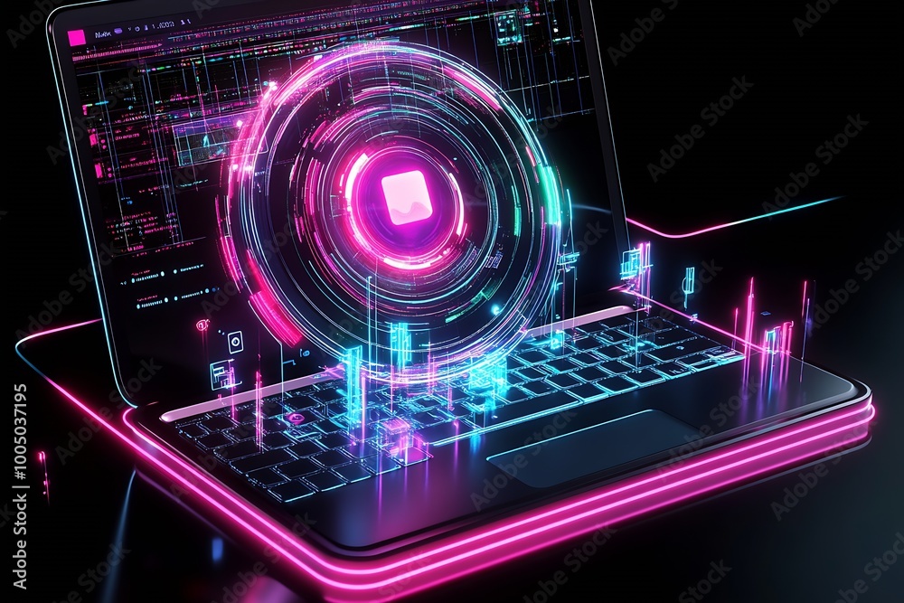 Poster macbook with a circular vision of ai nodes rising from the keyboard area : Generative AI