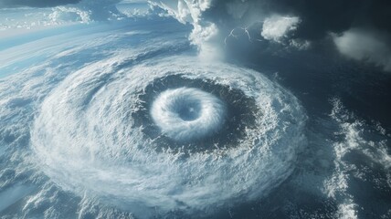 Aerial shot of a hurricane generating a tornado, stormy skies, lightning strikes, and extreme weather