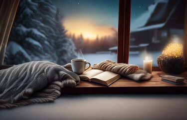 A cup of coffee sits on an open book beside a lit candle and a knitted blanket, all nestled on a windowsill overlooking a snowy winter scene.