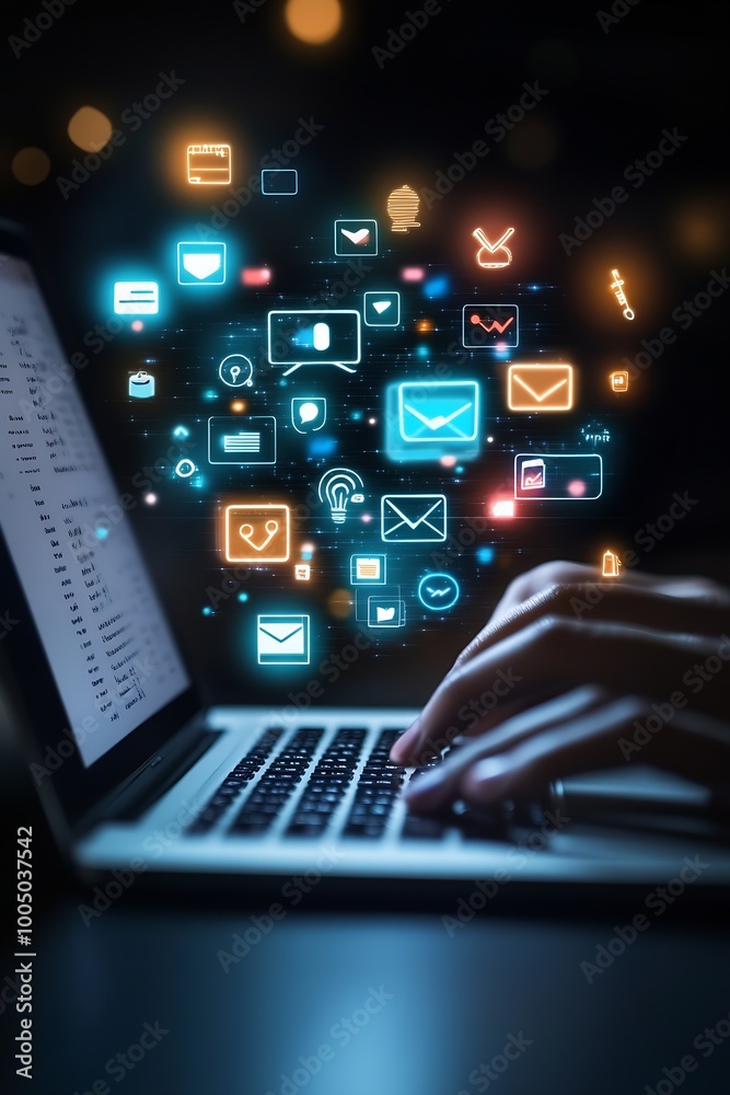 Poster person using a laptop with floating digital icons : Generative AI