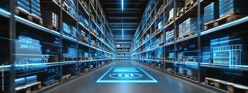 Aufkleber a futuristic warehouse corridor illuminated with blue digital data projections : generative ai