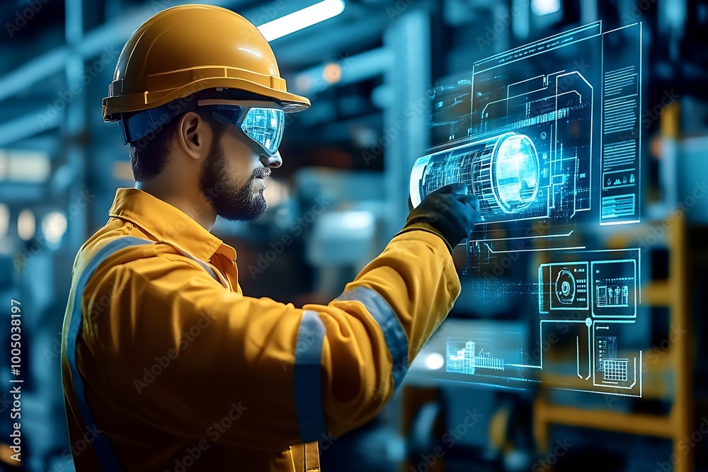 Poster engineer working in logistics center on maintanance with data holograms around objects : Generative AI