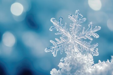 Delicate Snowflake on a Snowy Surface with a Blue Bokeh Background