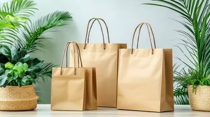 Eco-friendly shopping bags in modern interior with green plants.