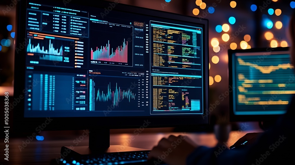 Poster a person sitting at a computer showing a dashboard of information : Generative AI