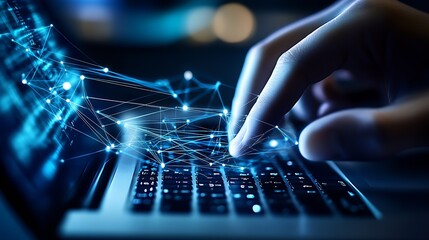 hand on an open laptop, with digital lines connecting : Generative AI