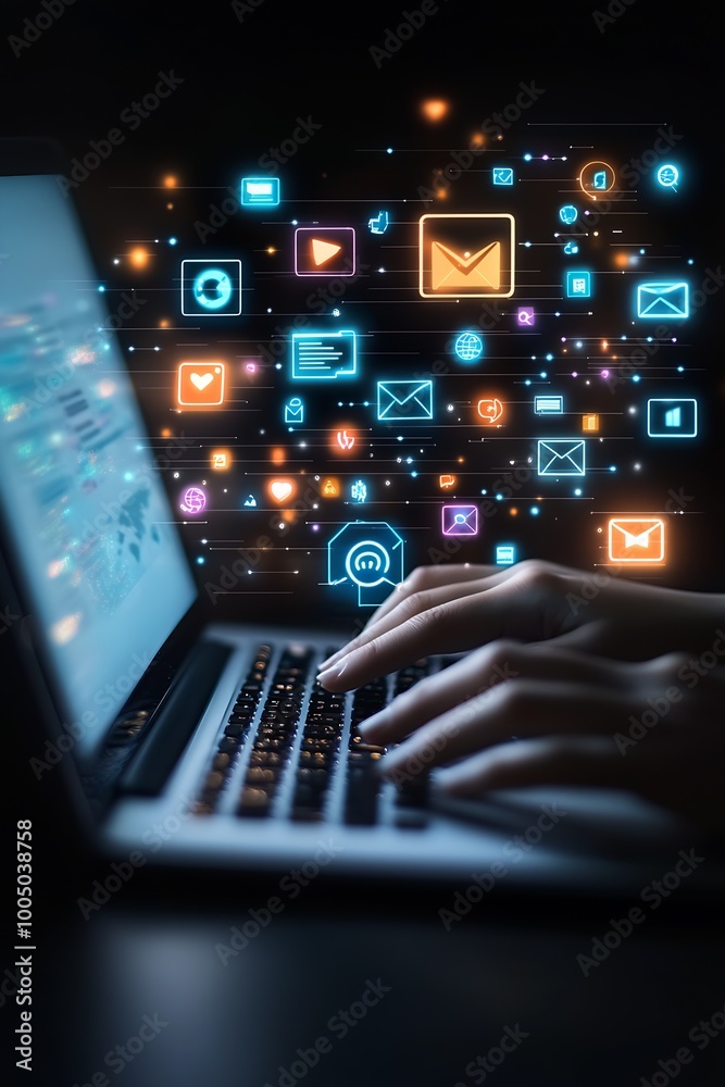 Poster person using a laptop with floating digital icons : Generative AI