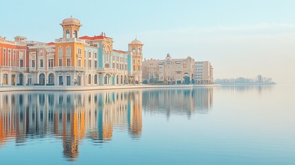 Elegant historic buildings reflecting in calm water under a clear blue sky.