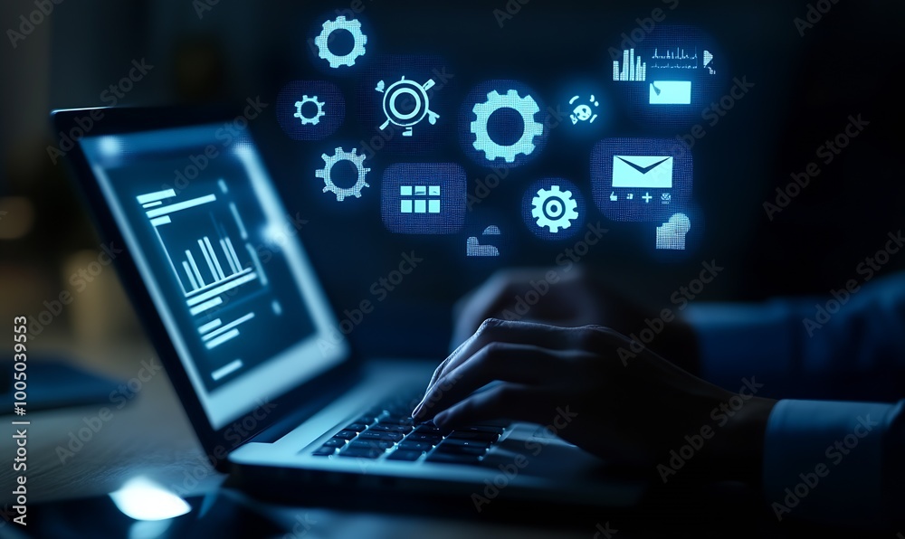 Poster A business professional using a laptop with digital icons : Generative AI