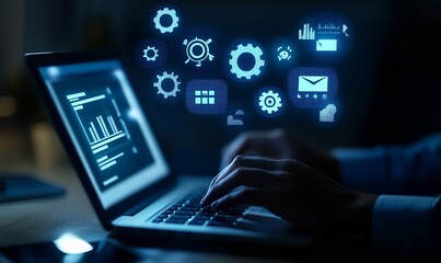 A business professional using a laptop with digital icons : Generative AI