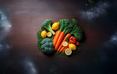 Fresh vegetables arranged on a brown wooden surface with a blurred background.