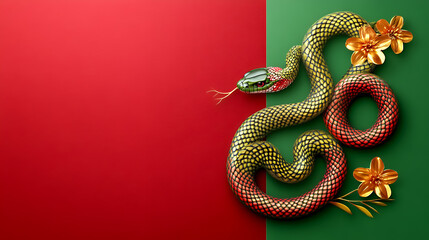 Obraz premium 正月背景素材 干支の巳と赤緑背景色