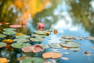 Closeup of Water Lily Pads and Flowers on Calm Pond Surface