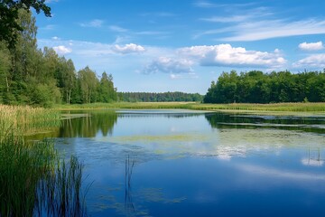 Tranquil Lake Scenery with Lush Green Trees and Blue Sky
