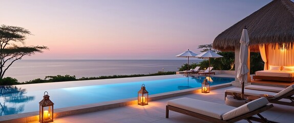Serene and luxurious outdoor setting at sunset, featuring an infinity pool that seamlessly blends with the horizon of the ocean. 