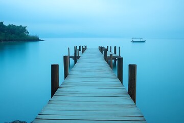 Obraz premium Wooden dock extending into a misty blue lake, with a small boat in the distance