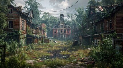 Naklejka premium Forgotten Town: Overgrown Houses and Decaying Streets