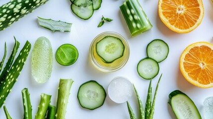 Fresh fruits and vegetables arranged on a white background, vibrant and healthy.