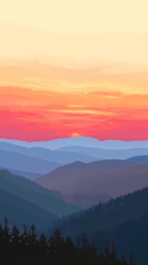 Obraz premium A breathtaking sunset over rolling mountains, with vibrant hues of pink, orange, and blue blending in the sky, creating a serene atmosphere.