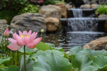 Pink Lotus Flower Blooming Near Waterfall