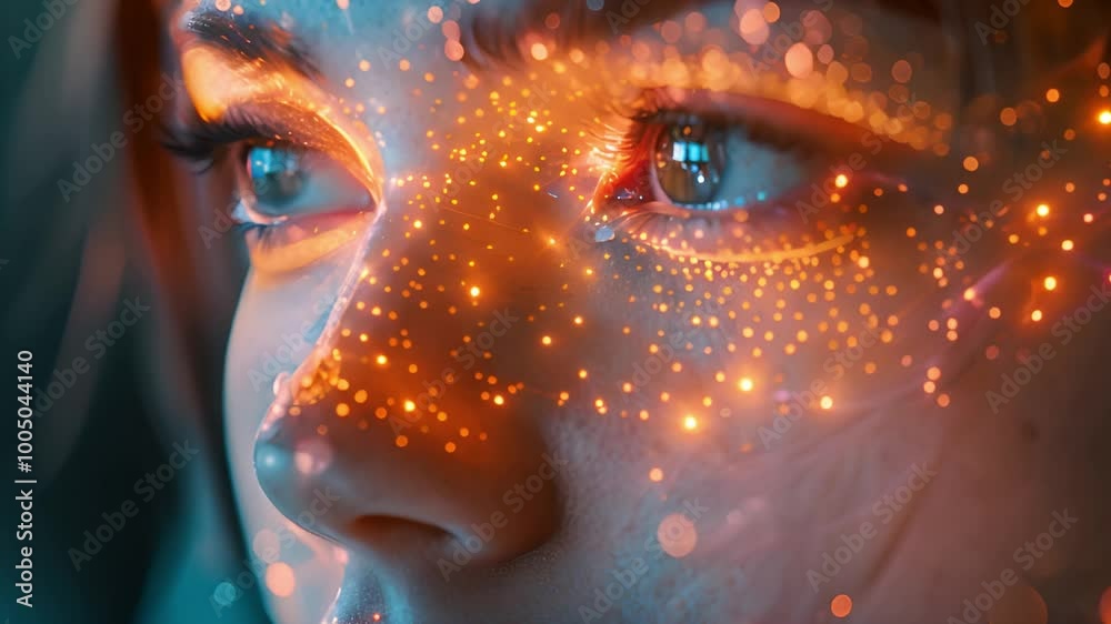 Poster womans face overlaid with glowing digital patterns.