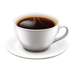 A steaming cup of coffee on a white background.