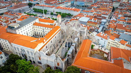 Aerial view of narrow streets of Lisbon in Portugal