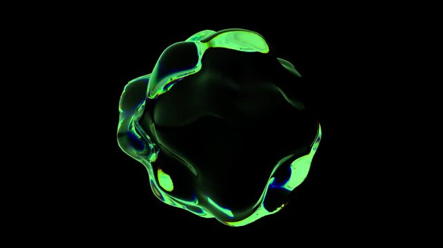 Green color water, liquid metal elegantly reflects surrounding light, shining, moving on a dark black background in motion 3d animation abstrack background.