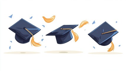 Graduation caps with yellow tassels, flying in celebration, white isolated background.