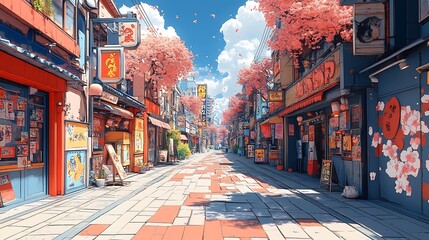 Obraz premium Colorful Japanese Street with Cherry Blossoms and Shops