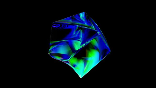 blue and green color metal cube elegantly reflects surrounding light, shining, moving on a dark black background in motion 3d animation abstrack background.