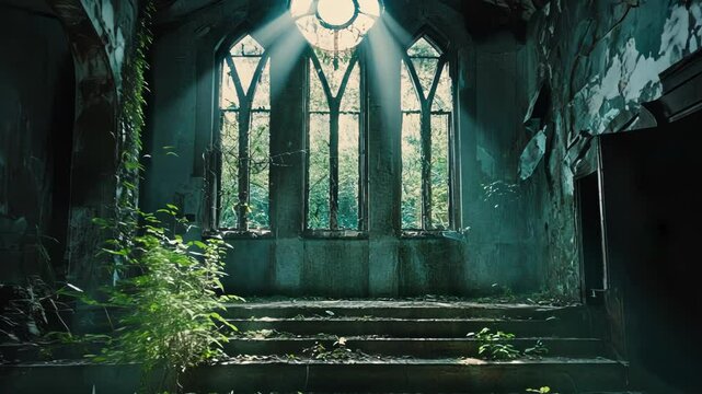 Abandoned Chapel Interior with Sunlight