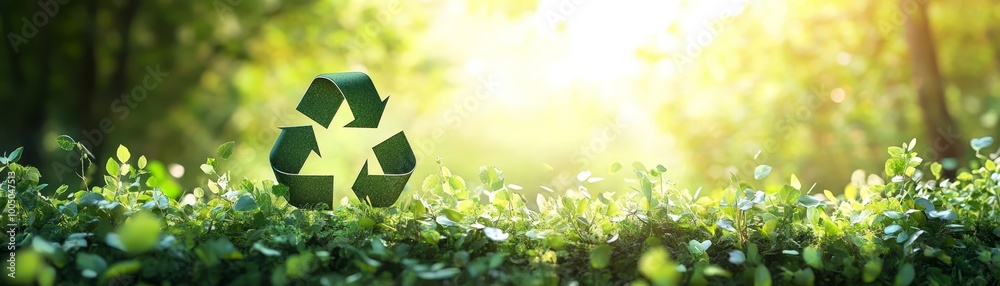 Wall mural green recycling symbol nestled in grass, a powerful reminder of environmental responsibility