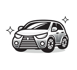 Black and white illustration of a shiny compact car in a cartoon style