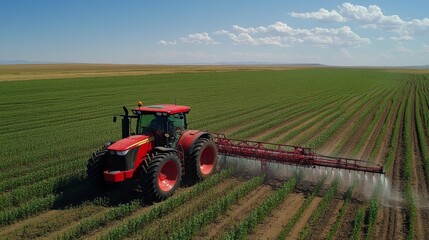 Fototapeta premium Irrigation in action, tractor spraying water on lush green field 