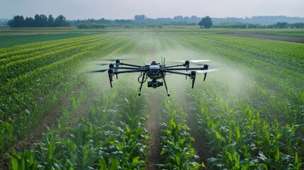 Drone surveying cornfield, embracing technology for modern agriculture 