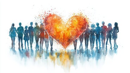 Obraz premium Colorful watercolor illustration of people forming a heart shape with vibrant colors.