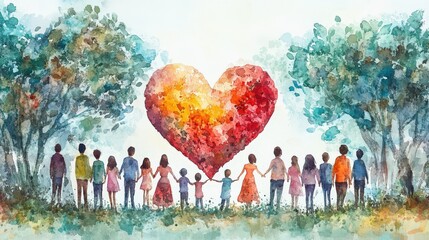 Diverse group of people holding hands beneath a large heart, colorful watercolor style.