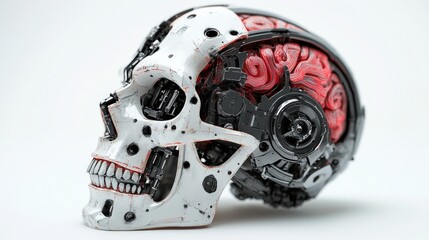 Fototapeta premium Futuristic skull design with mechanical components and pink brain detail, white isolate background