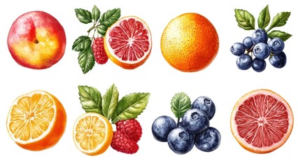 Naklejka premium A set of fruit drawings, including oranges, blueberries, and raspberries
